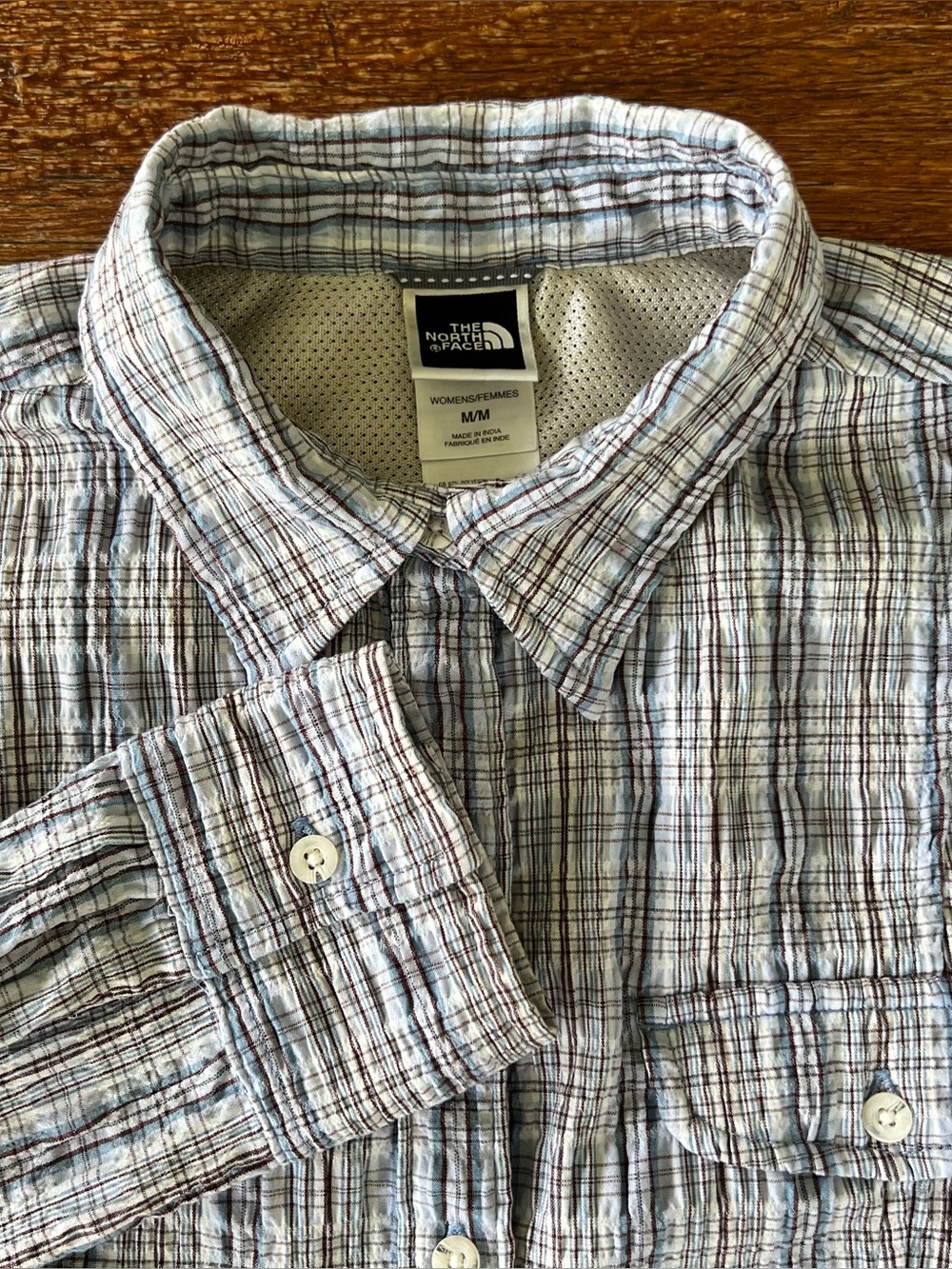 The North Face Women’s Medium Plaid Long Sleeve Hiking Shirt Blue Brown White